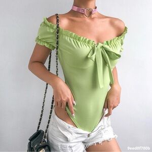 Light Green Off-Shoulder Tie-Front Bodysuit